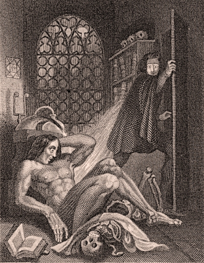 Frontispiece for the 1831 edition of Frankenstein by Mary Shelley. Illustrated by Theodore Von Holst (Steel engraving; 993 x 71mm)